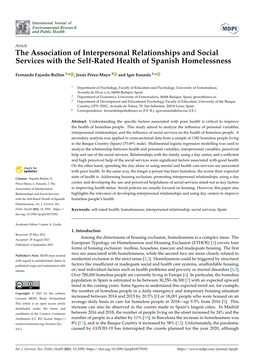 The Association of Interpersonal Relationships and Social Services with the Self-Rated Health of Spanish Homelessness