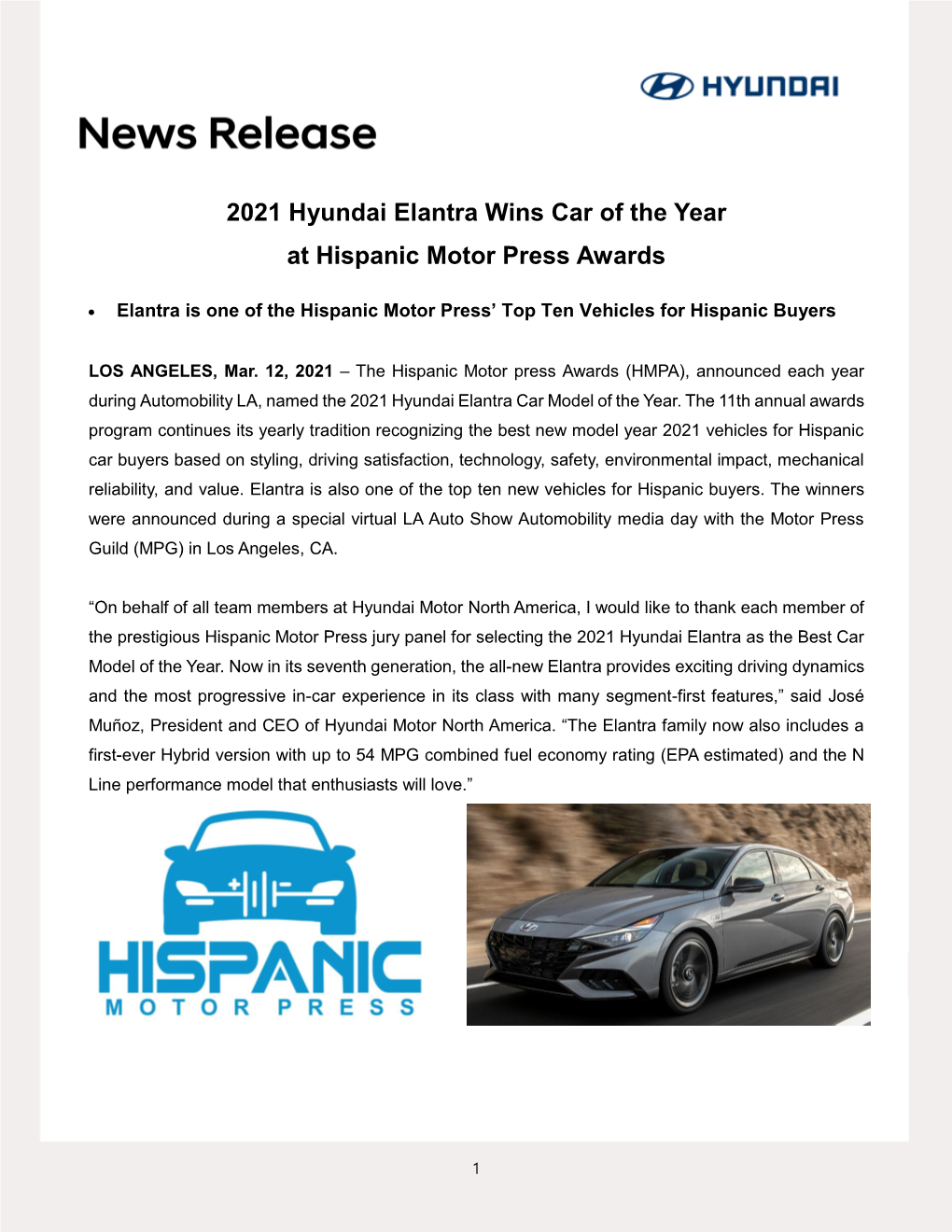 2021 Hyundai Elantra Wins Car of the Year at Hispanic Motor Press Awards