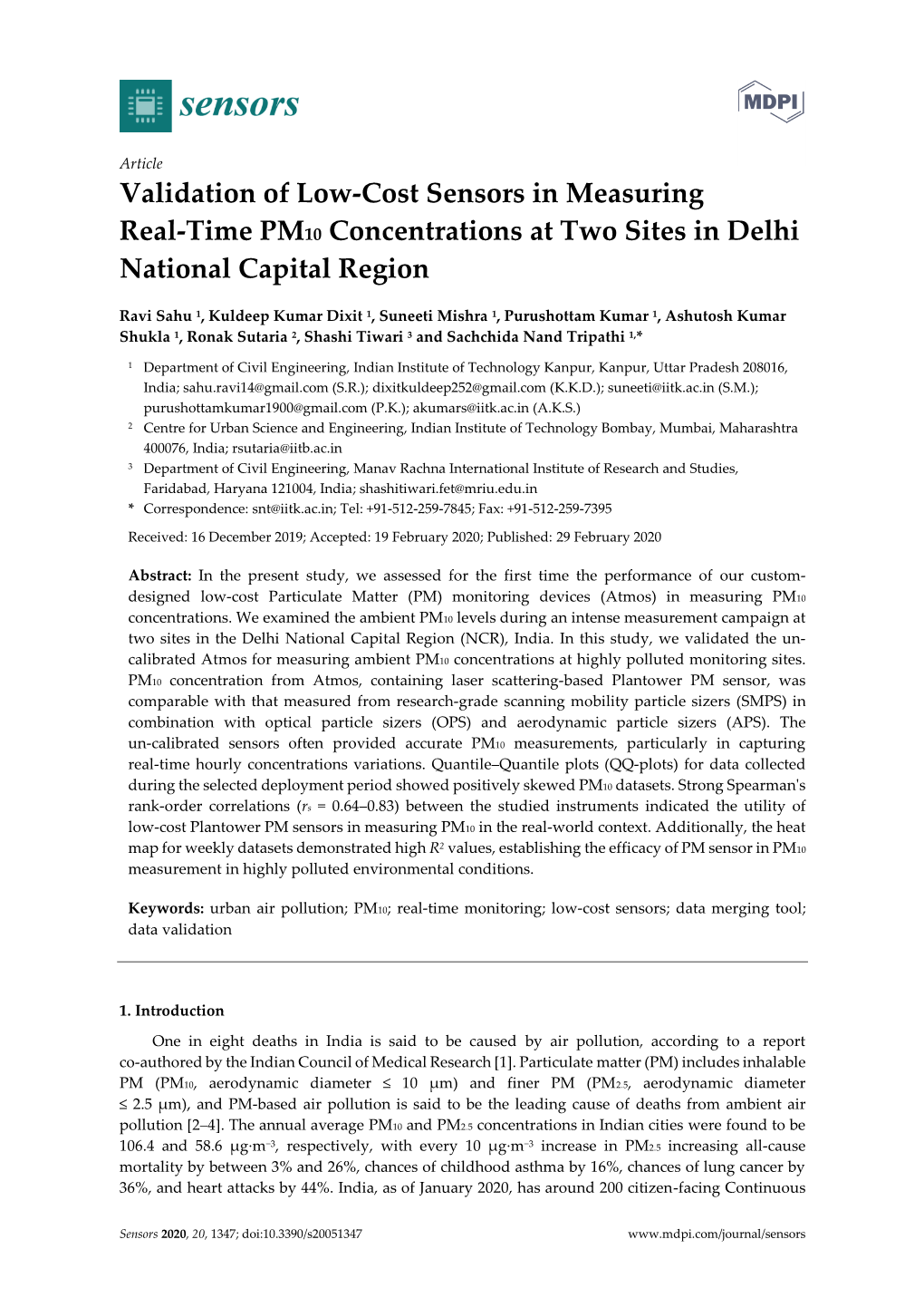 Validation of Low-Cost Sensors in Measuring Real-Time PM10 Concentrations at Two Sites in Delhi National Capital Region