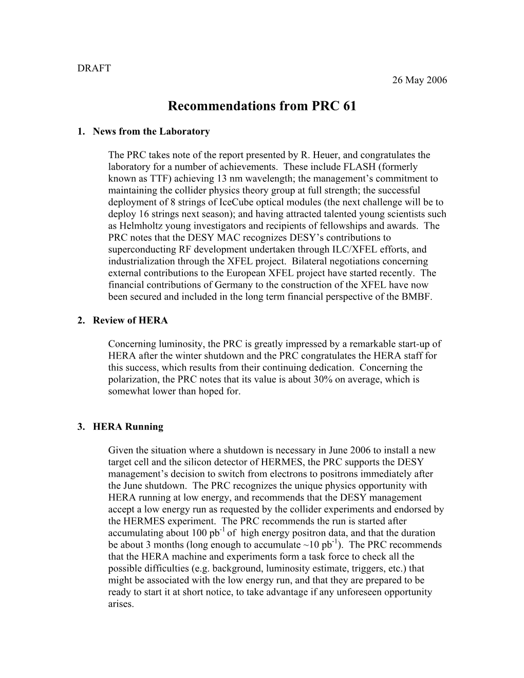 Recommendations from PRC 61