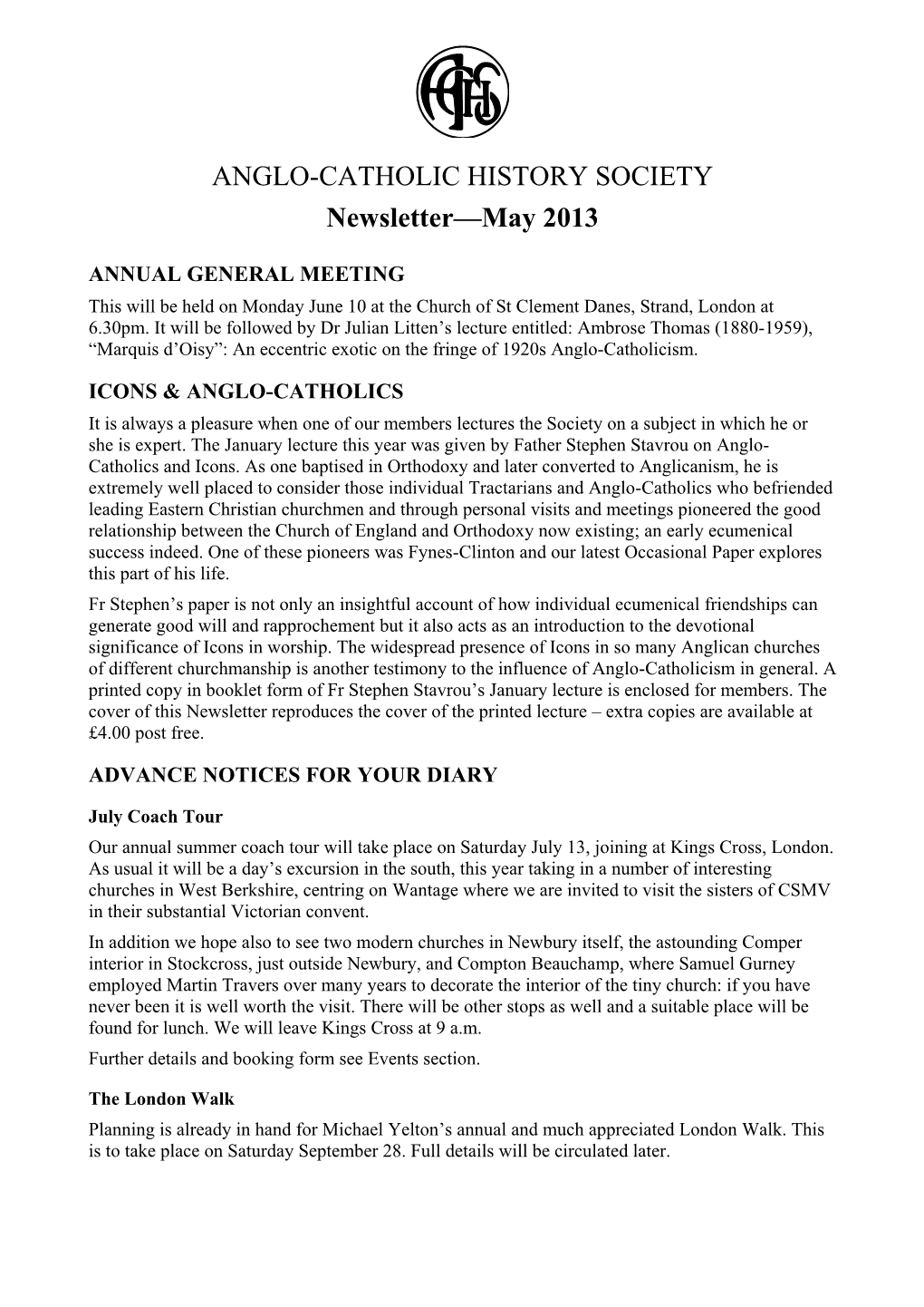 ANGLO-CATHOLIC HISTORY SOCIETY Newsletter—May 2013