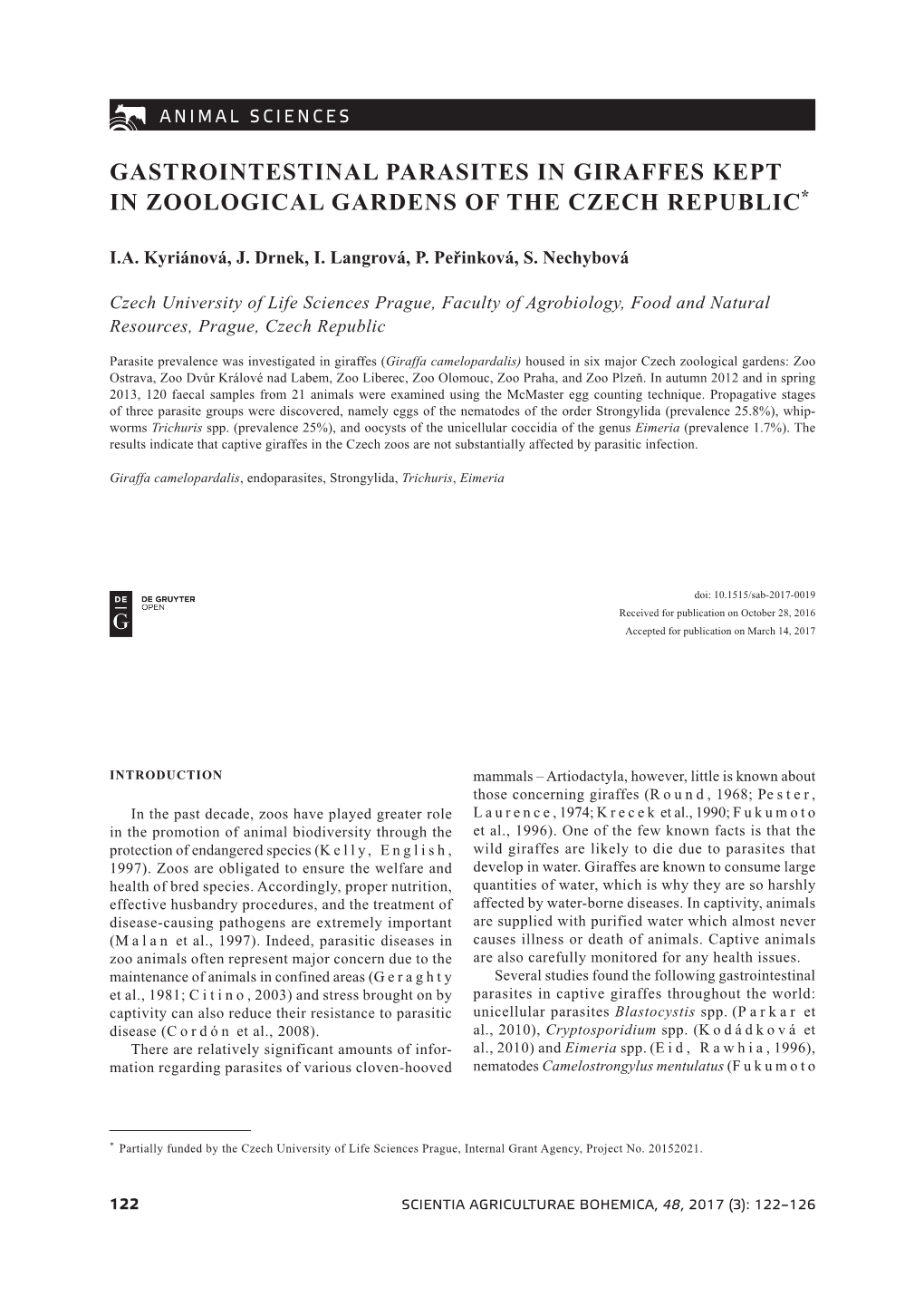 Gastrointestinal Parasites in Giraffes Kept in Zoological Gardens of the Czech Republic*