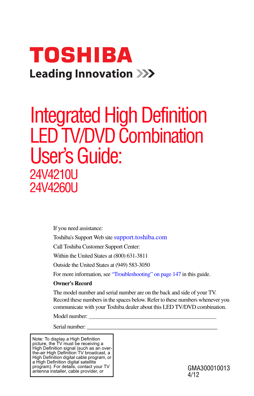 LED TV/DVD Combination User’S Guide: 24V4210U 24V4260U