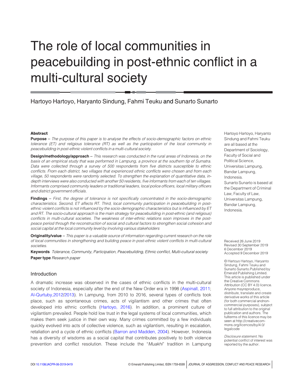 The Role of Local Communities in Peacebuilding in Post-Ethnic Conflict