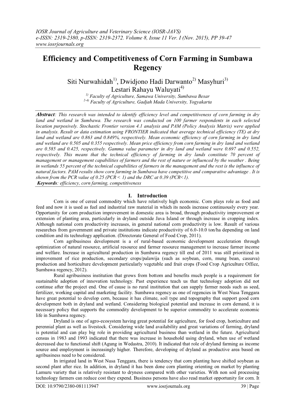 Efficiency and Competitiveness of Corn Farming in Sumbawa Regency