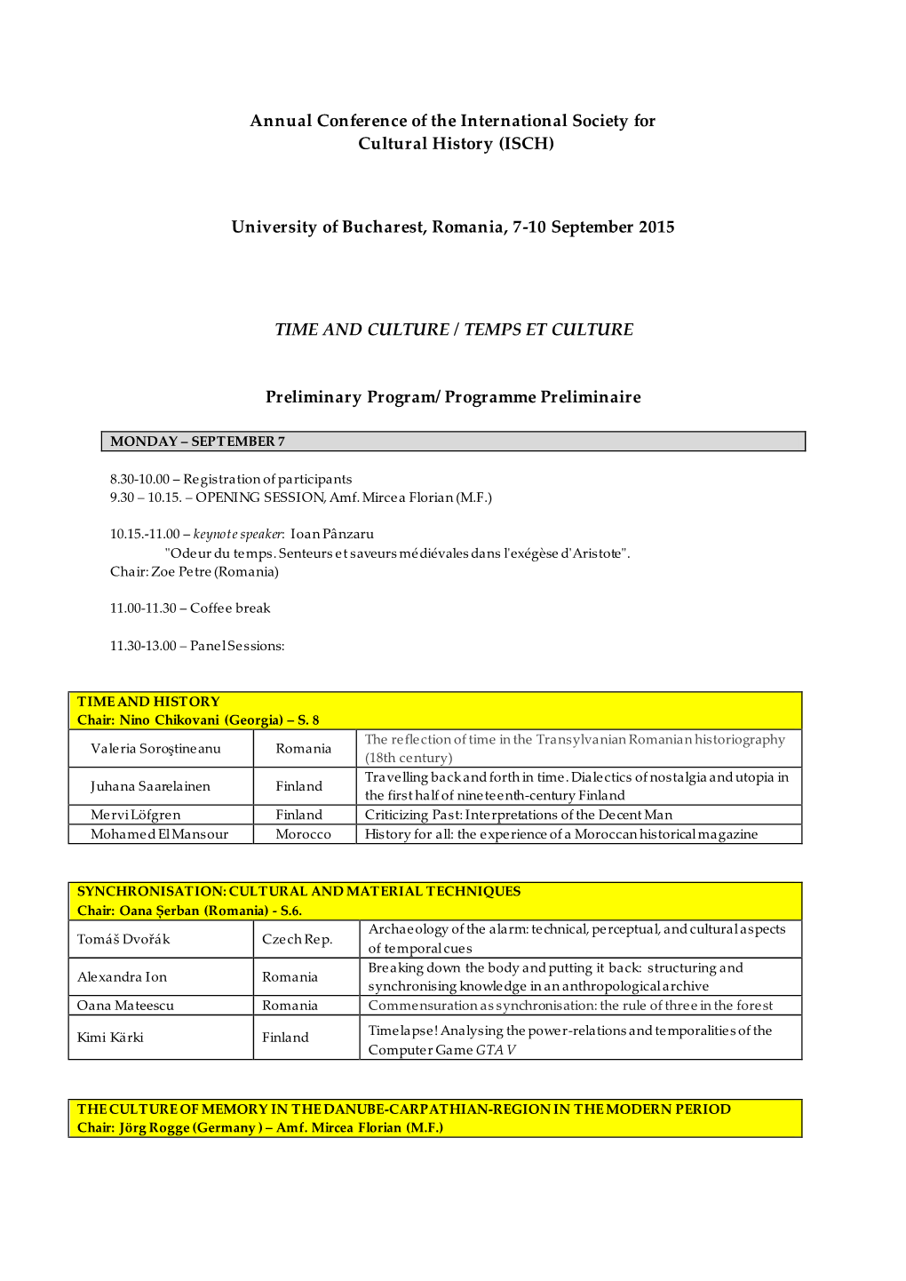 (ISCH) University of Bucharest, Romania, 7-10 September 2015