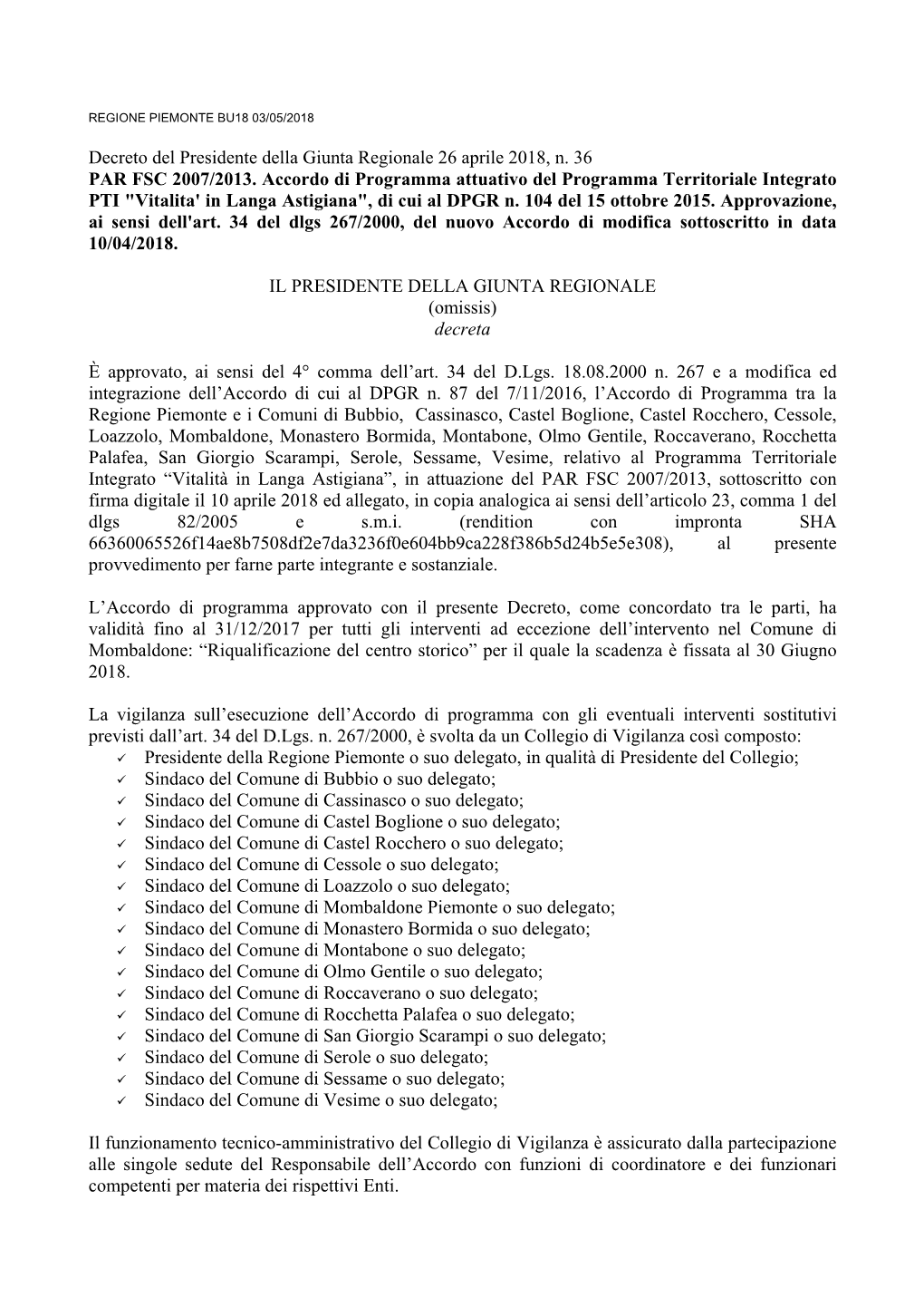 Decreto Del Presidente Della Giunta Regionale 26 Aprile 2018, N. 36 PAR FSC 2007/2013