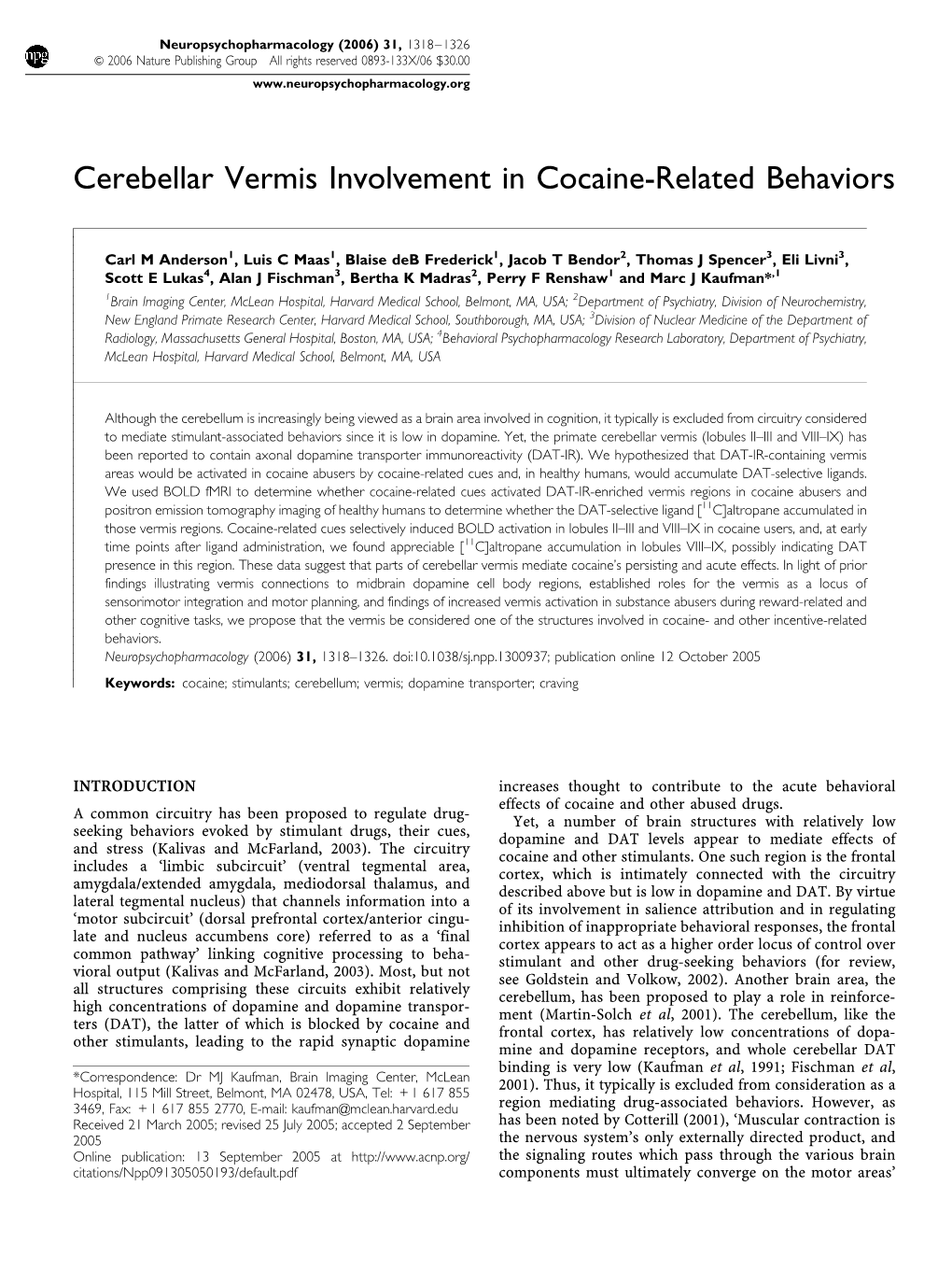 Cerebellar Vermis Involvement in Cocaine-Related Behaviors