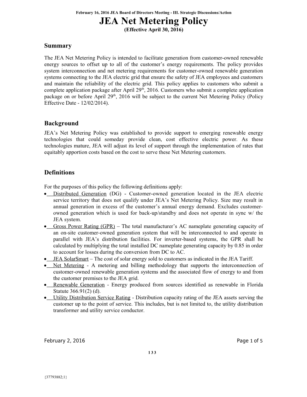 JEA Net Metering Policy