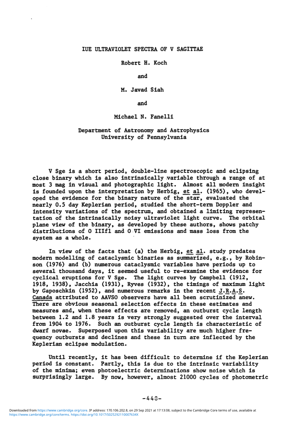 IUE ULTRAVIOLET SPECTRA of V SAGITTAE Robert H. Koch and M