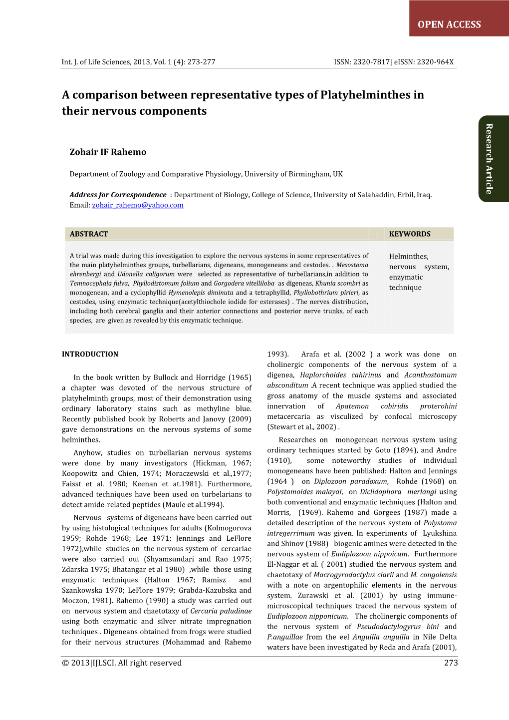 A Comparison Between Representative Types of Platyhelminthes in Their Nervous Components