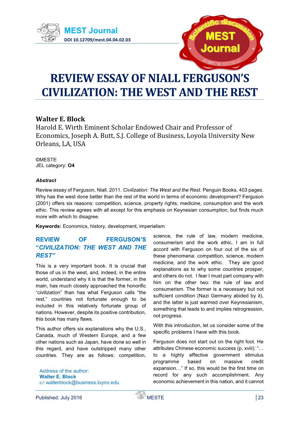 Review Essay of Niall Ferguson's Civilization