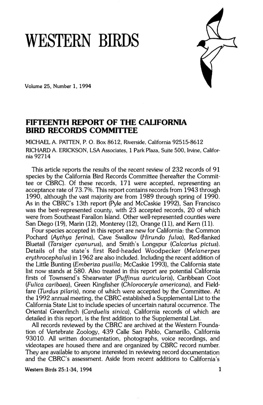 Fifteenth Report of the California Bird Records Committee