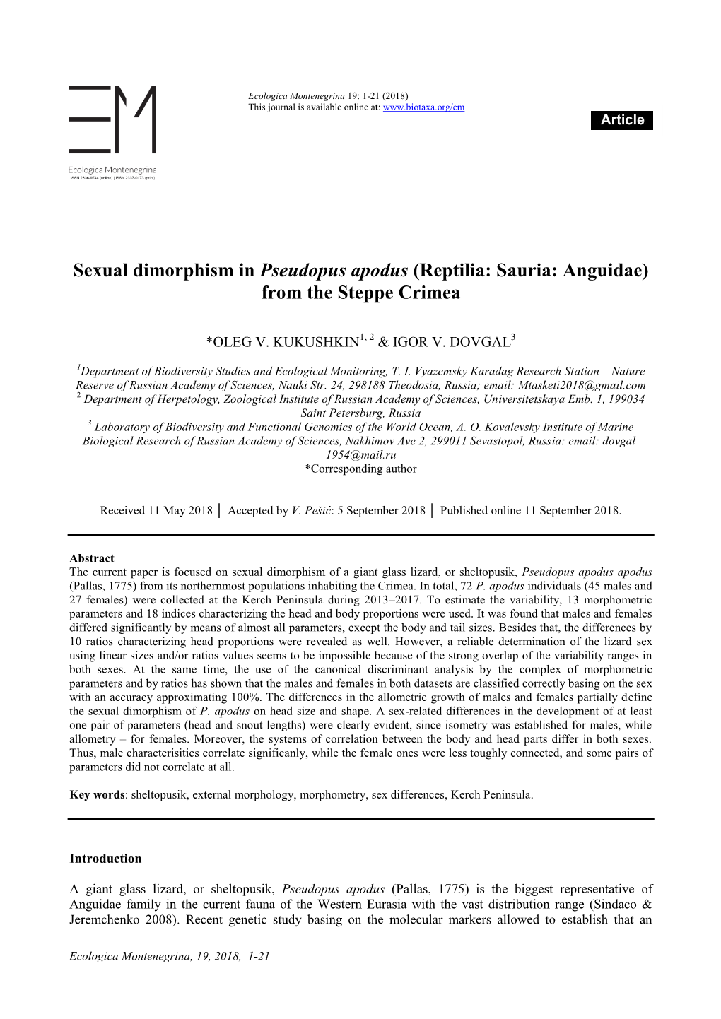 Sexual Dimorphism in Pseudopus Apodus (Reptilia: Sauria: Anguidae) from the Steppe Crimea