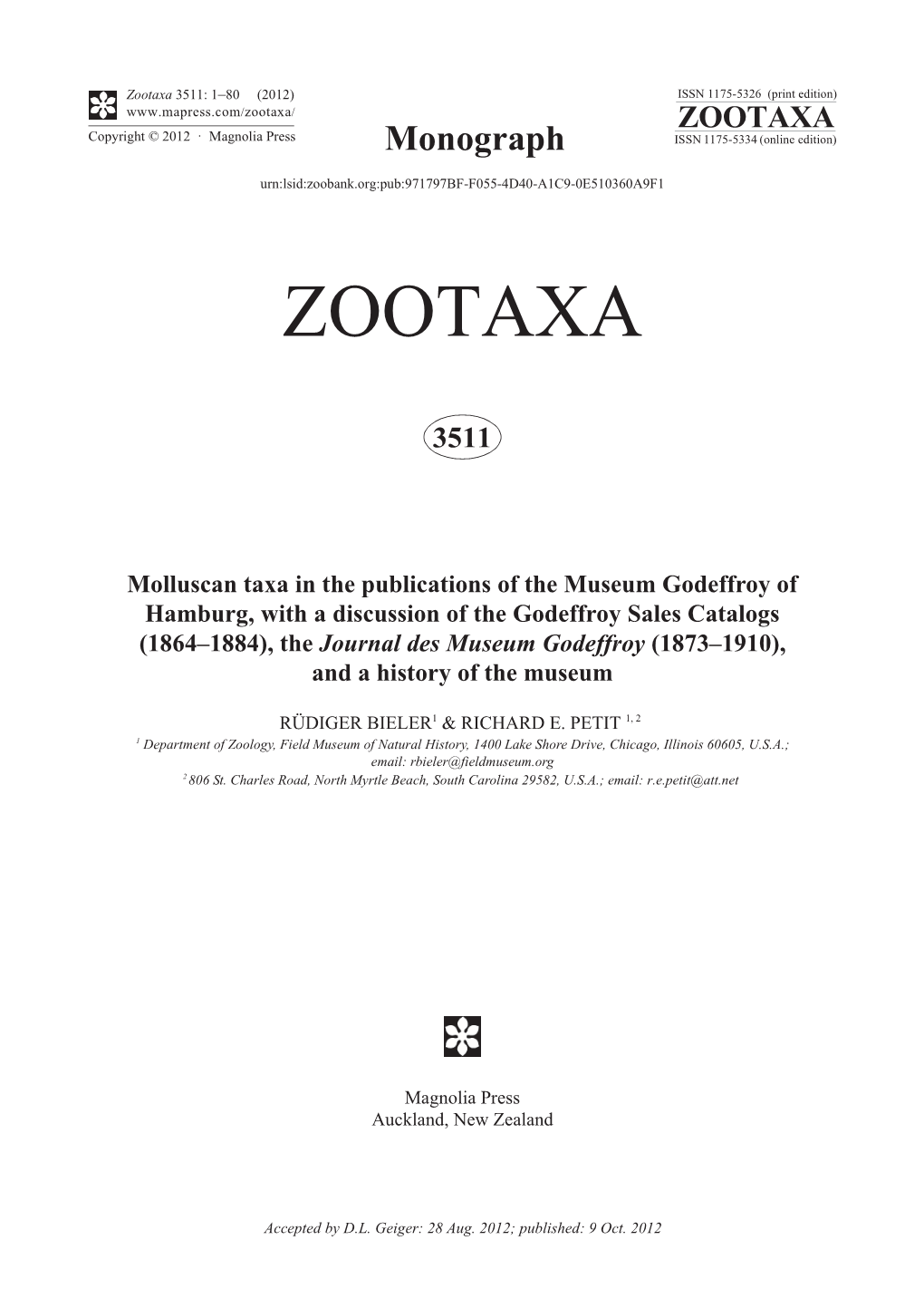 Molluscan Taxa in the Publications of the Museum Godeffroy Of