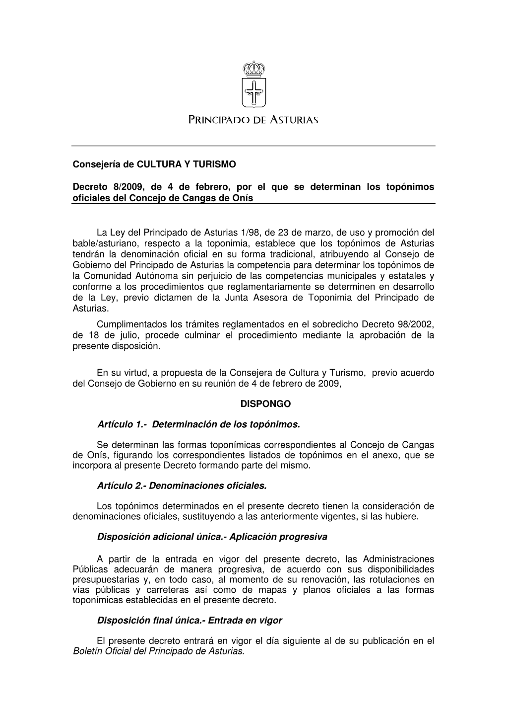Consejería De CULTURA Y TURISMO Decreto 8/2009, De 4 De Febrero