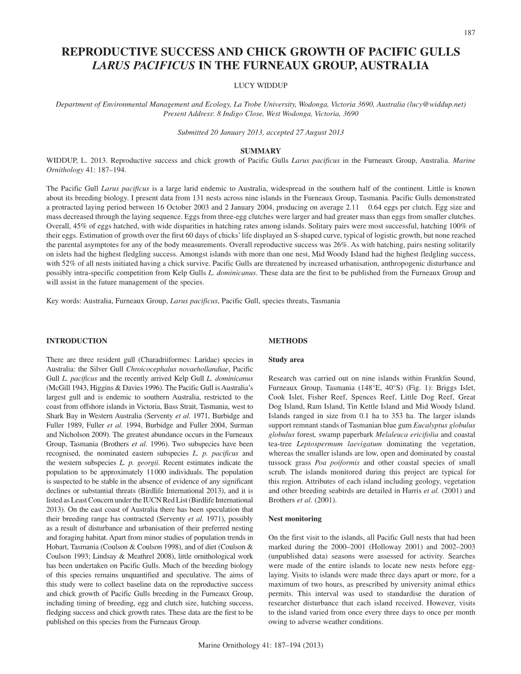 Reproductive Success and Chick Growth of Pacific Gulls Larus Pacificus in the Furneaux Group, Australia