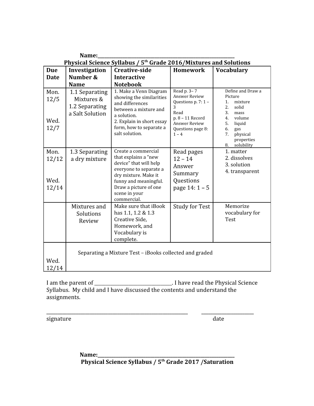 Physical Science Syllabus / 5Th Grade 2016/Mixtures and Solutions