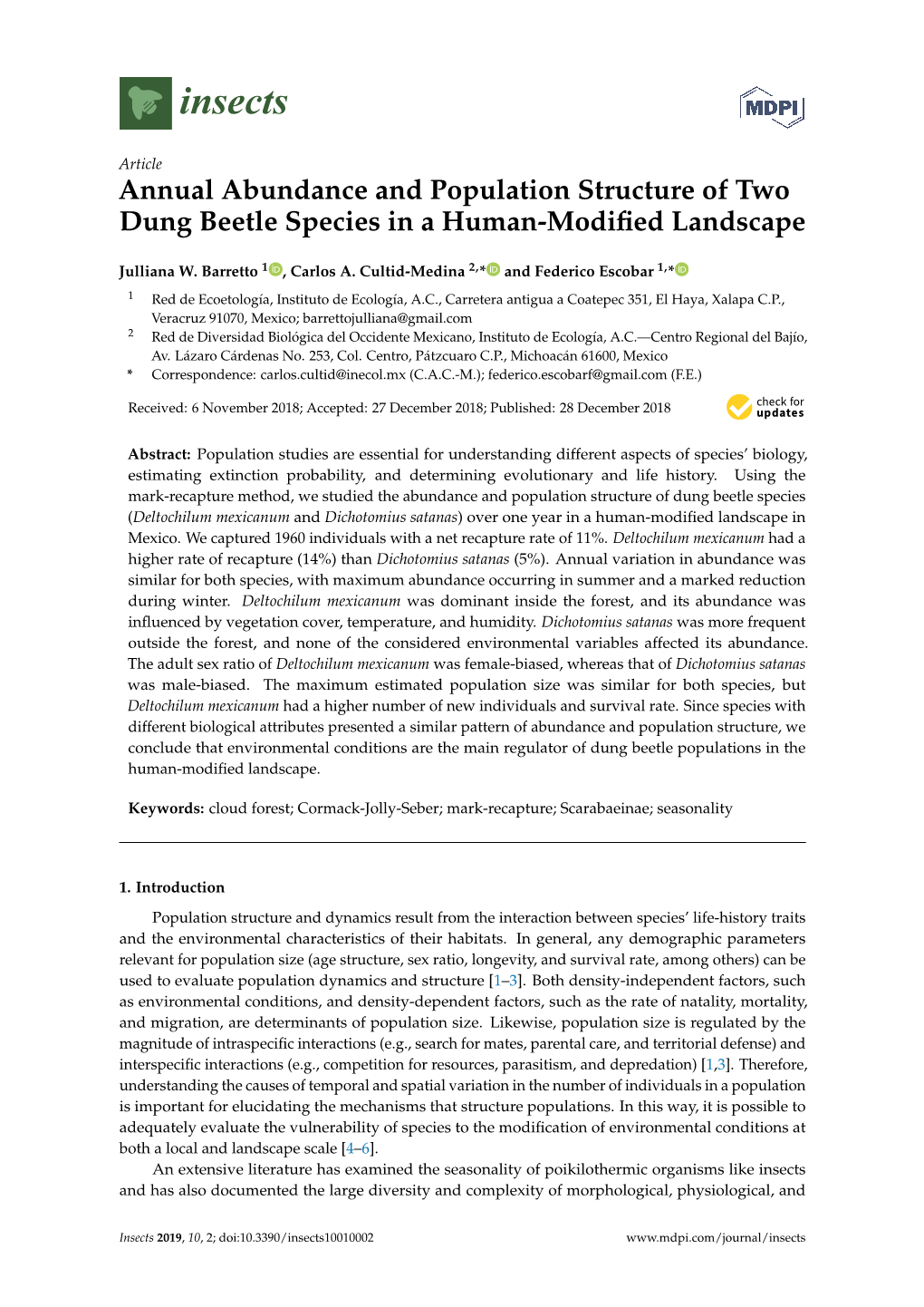 Annual Abundance and Population Structure of Two Dung Beetle Species in a Human-Modiﬁed Landscape