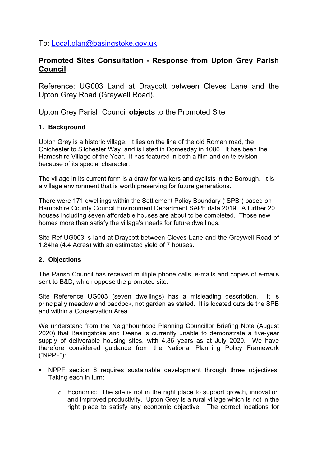 Response from Upton Grey Parish Council Reference: UG003 Land At