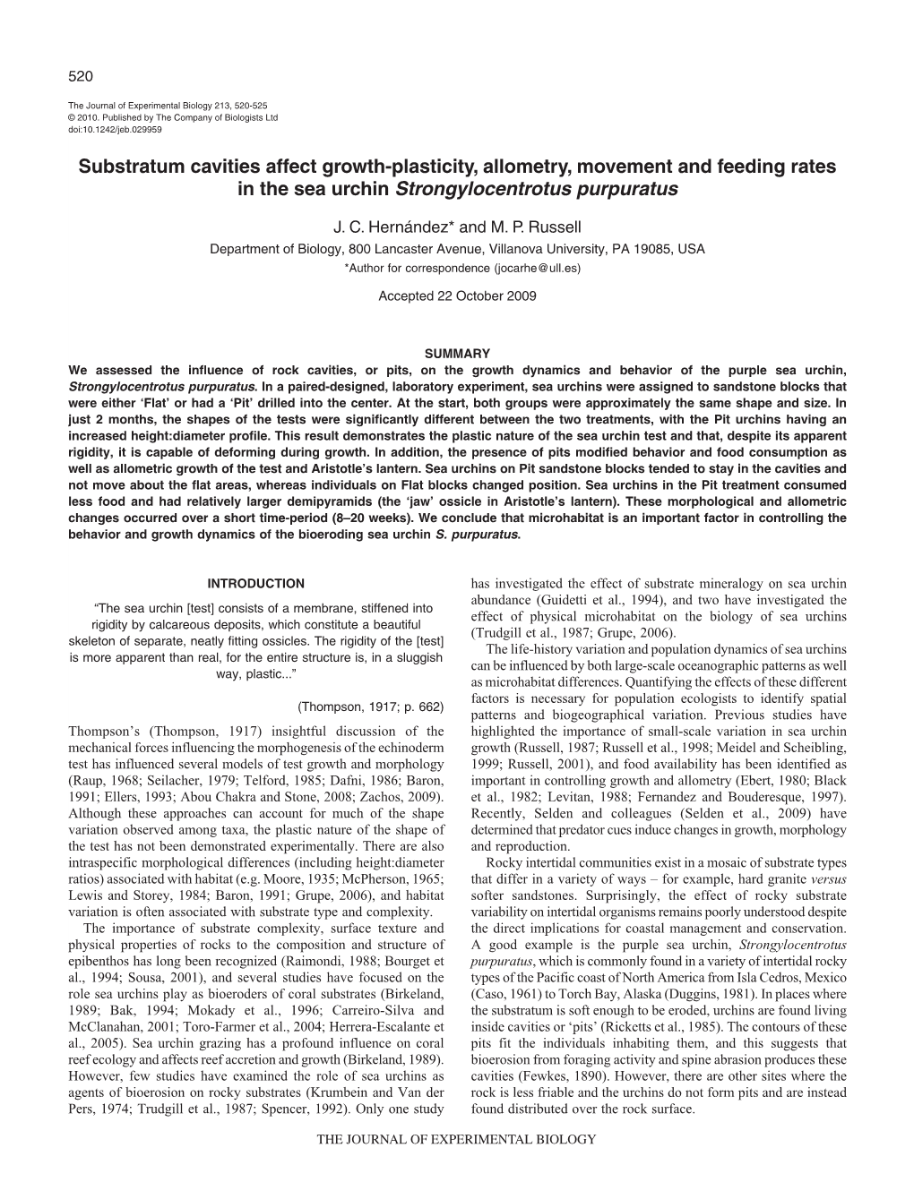 Substratum Cavities Affect Growth-Plasticity, Allometry, Movement and Feeding Rates in the Sea Urchin Strongylocentrotus Purpuratus