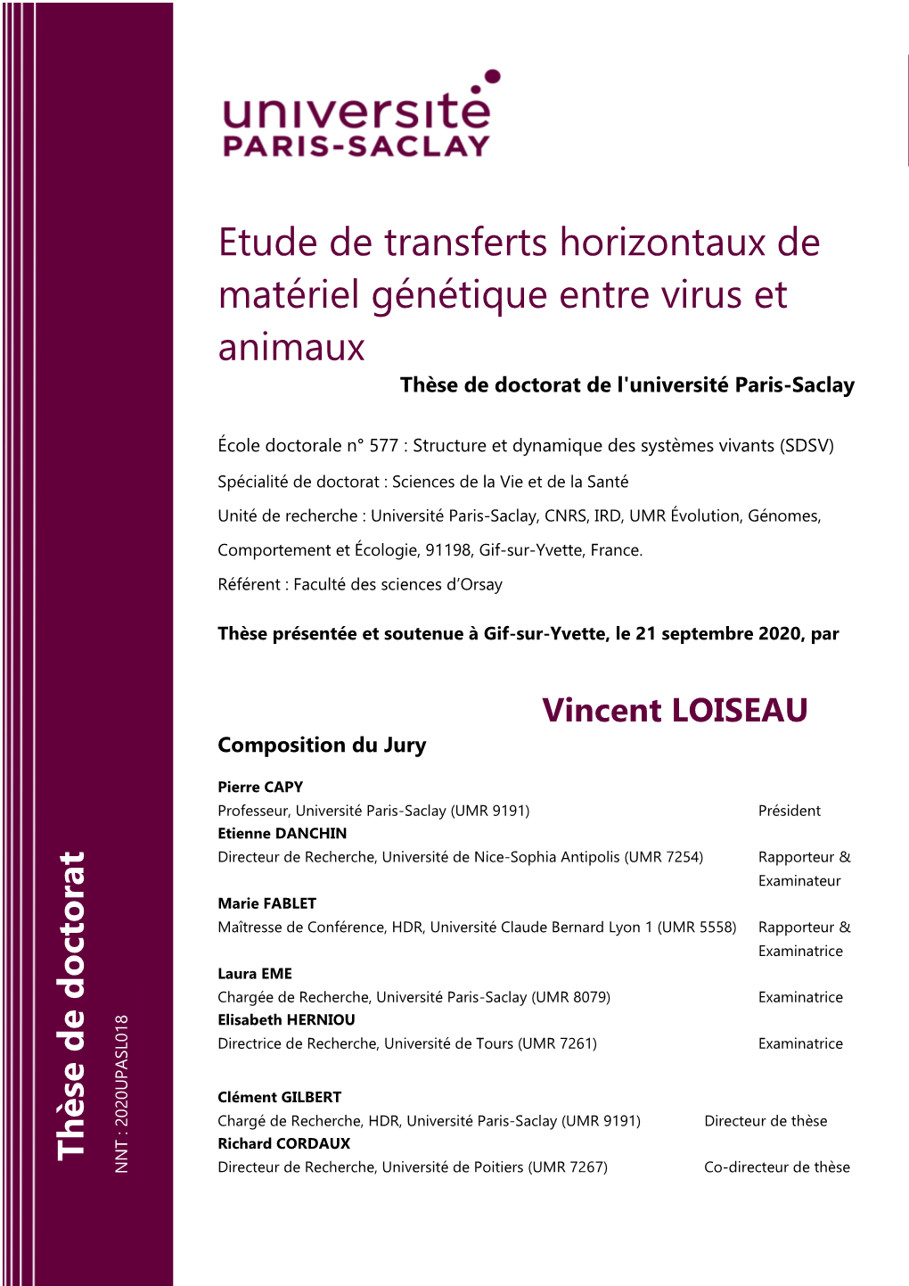 Etude De Transferts Horizontaux De Matériel Génétique Entre Virus Et