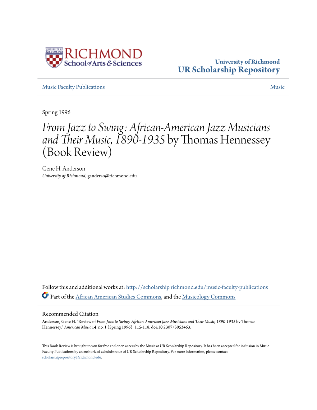 <I>From Jazz to Swing: African-American Jazz Musicians and Their Music, 1890-1935</I> by Thomas Hennessey (Book Revi