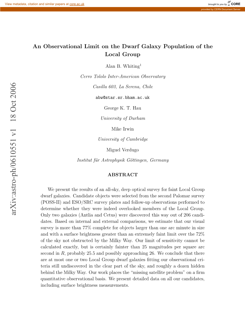 Arxiv:Astro-Ph/0610551 V1 18 Oct 2006 Nosrainllmto H Wr Aaypplto Fthe of Population Galaxy Dwarf the on Limit Observational an Nldn Ufc Rgtesmeasurements