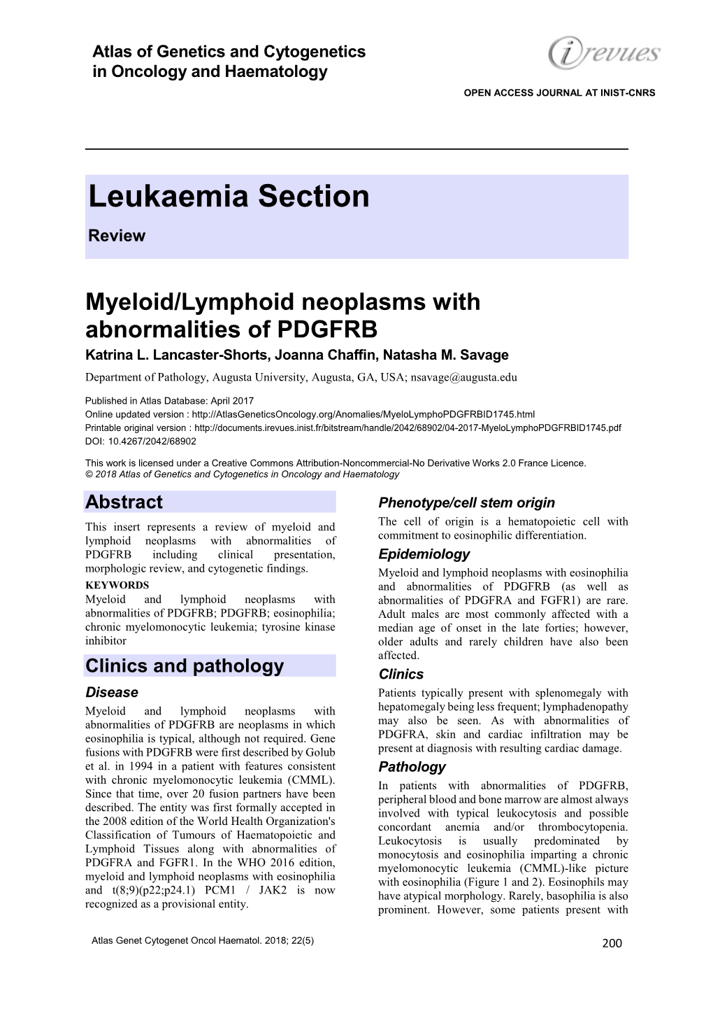 Myeloid/Lymphoid Neoplasms with Abnormalities of PDGFRB Katrina L