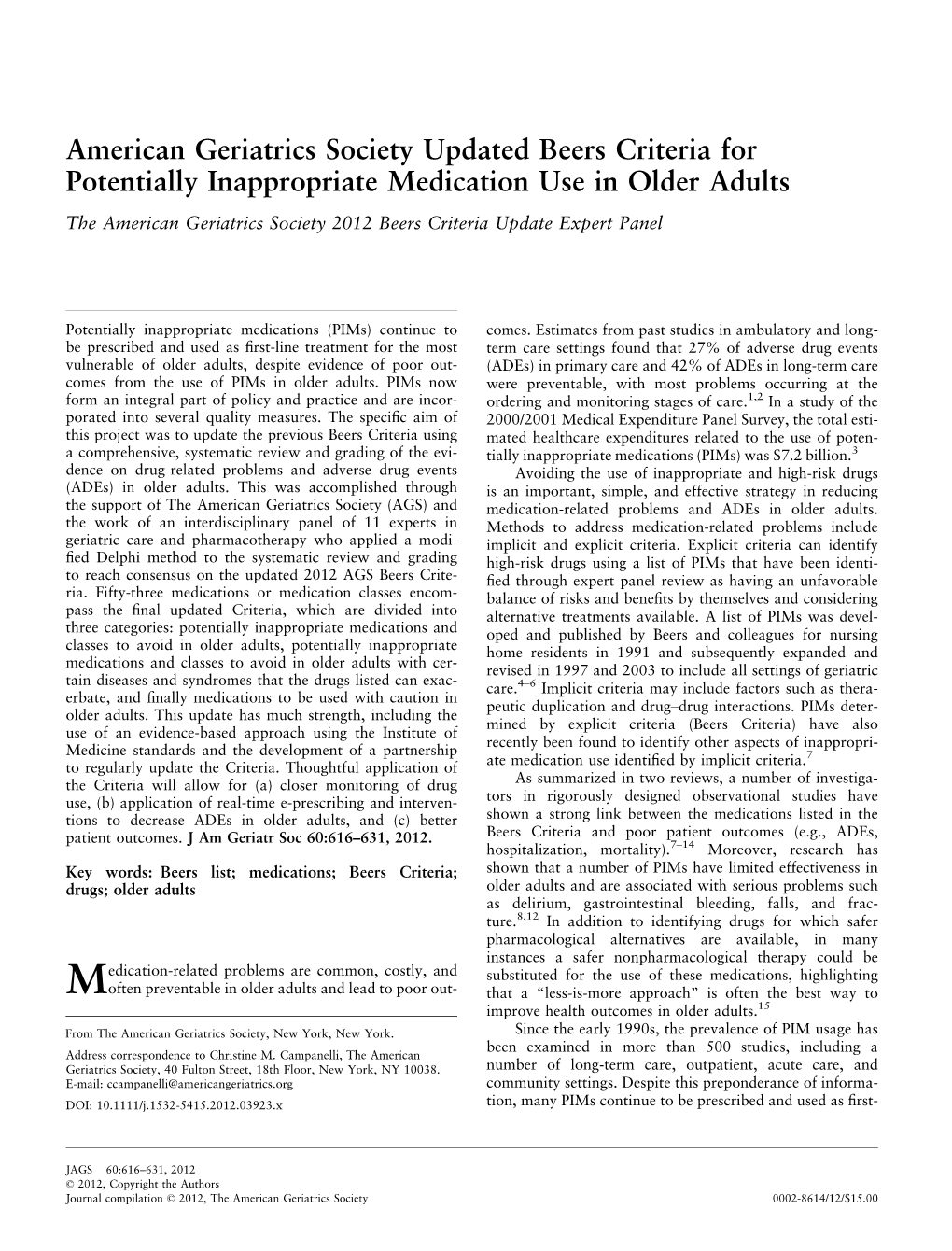 American Geriatrics Society Updated Beers Criteria for Potentially Inappropriate Medication Use in Older Adults