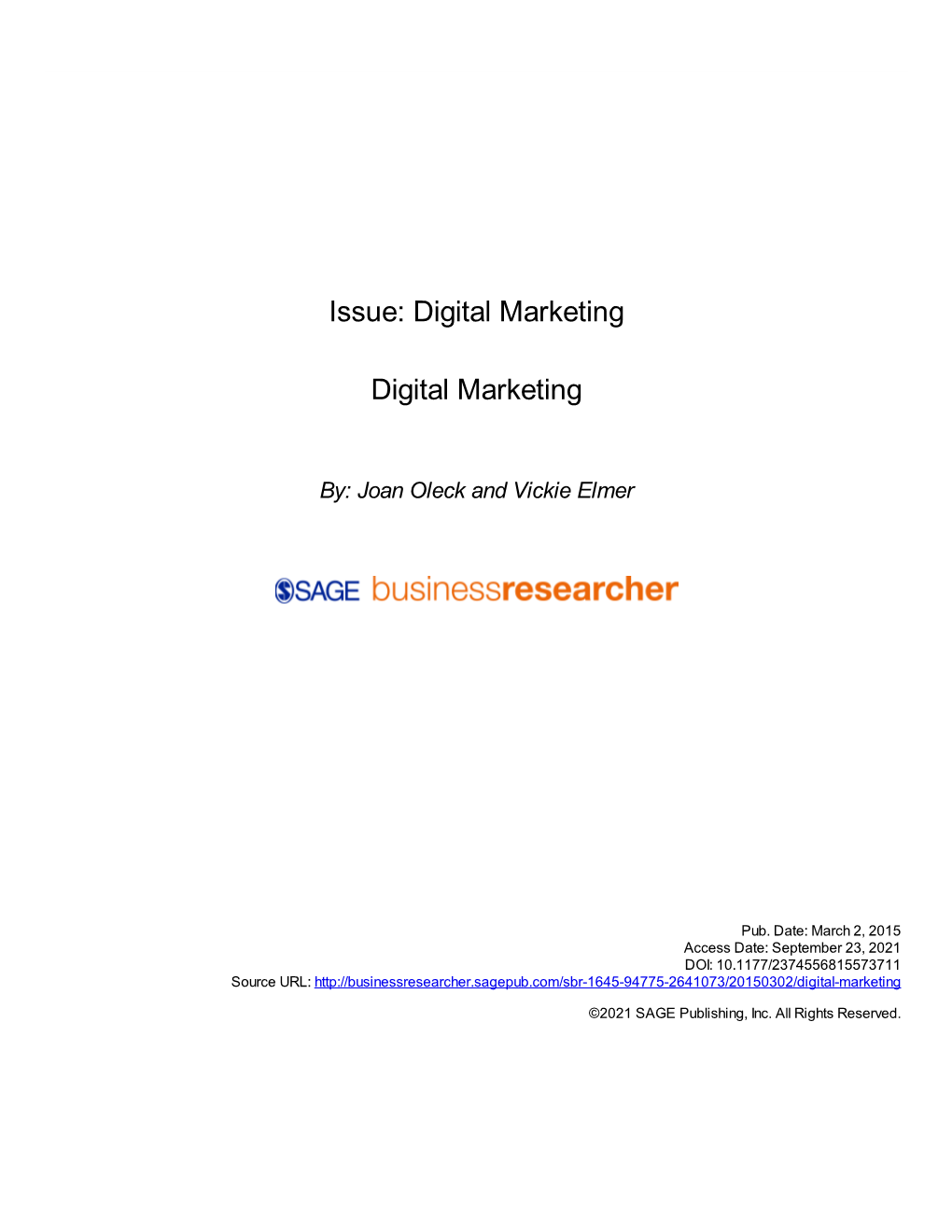 Issue: Digital Marketing Digital Marketing