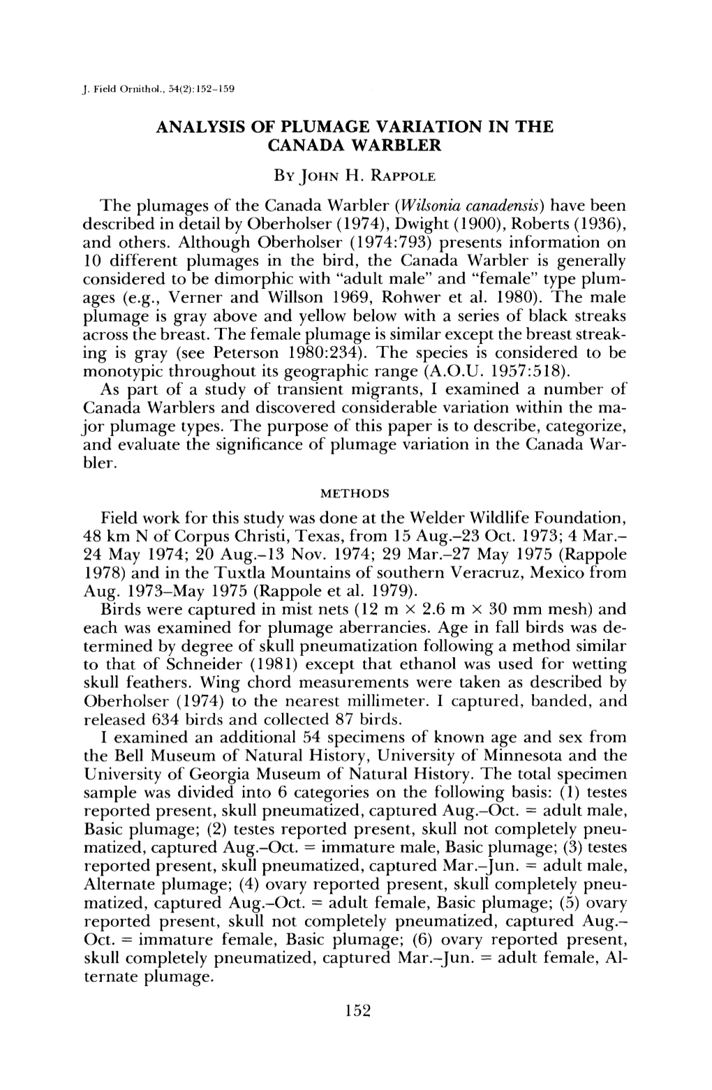 Analysis of Plumage Variation in the Canada Warbler