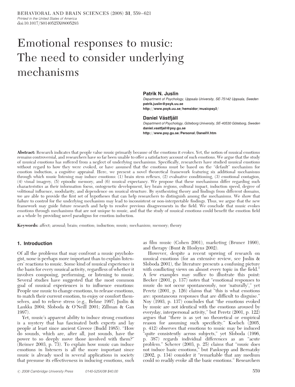 Emotional Responses to Music: the Need to Consider Underlying Mechanisms