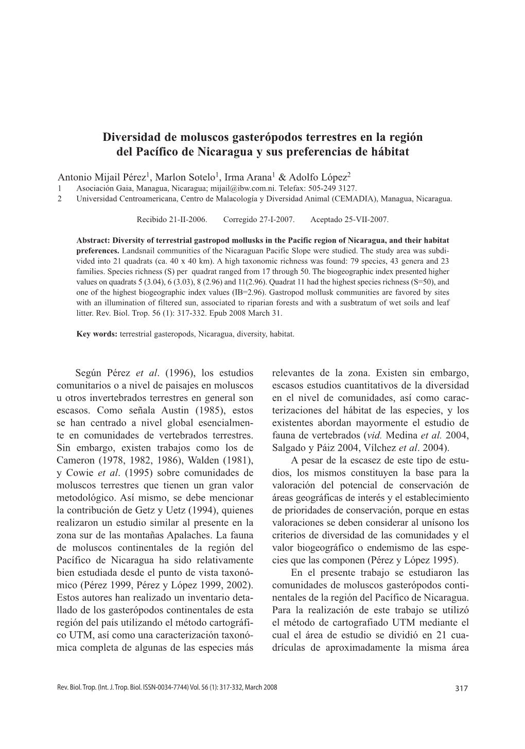 Diversidad De Moluscos Gasterópodos Terrestres En La Región Del Pacífico De Nicaragua Y Sus Preferencias De Hábitat