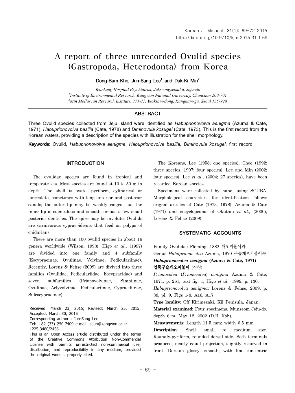 A Report of Three Unrecorded Ovulid Species (Gastropoda, Heterodonta) from Korea