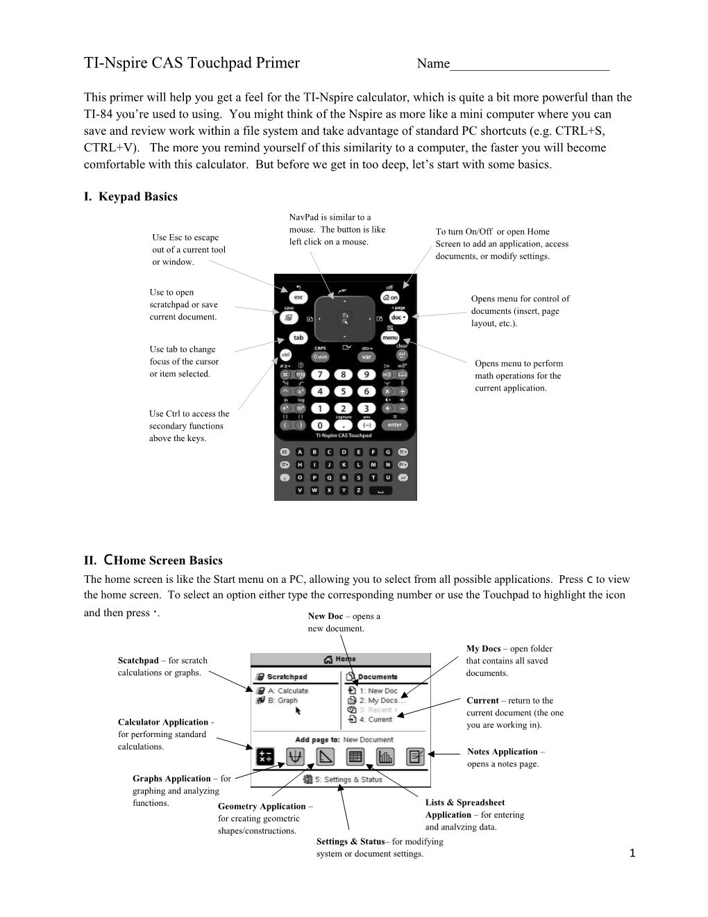 TI-Nspire CAS Touchpad Primer Name______