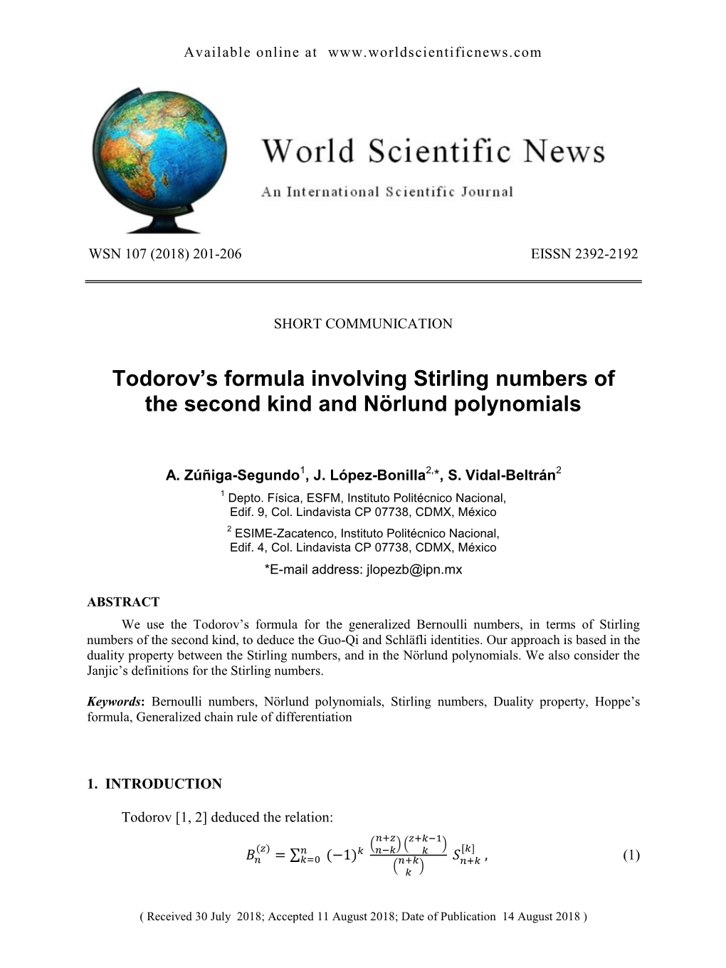 Todorov's Formula Involving Stirling Numbers of the Second Kind And