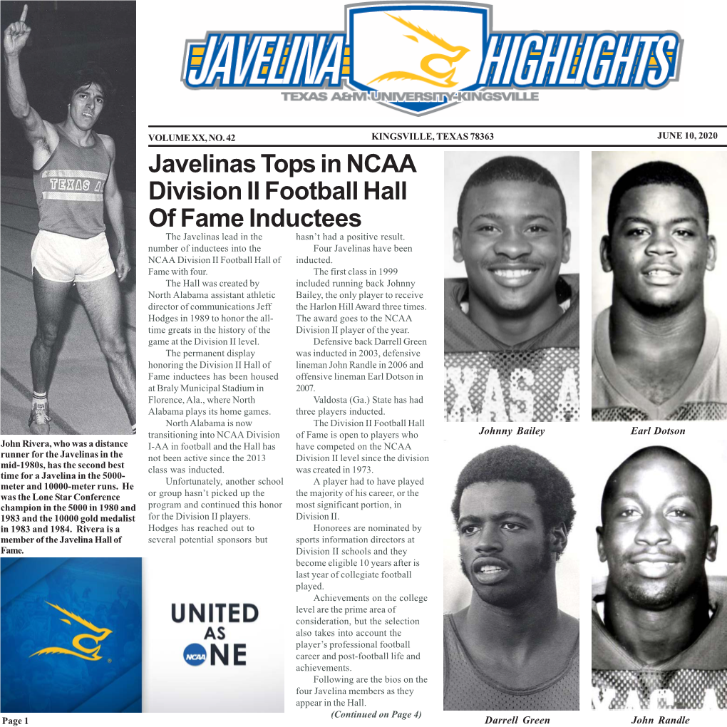 Javelinas Tops in NCAA Division II Football Hall of Fame Inductees the Javelinas Lead in the Hasn’T Had a Positive Result