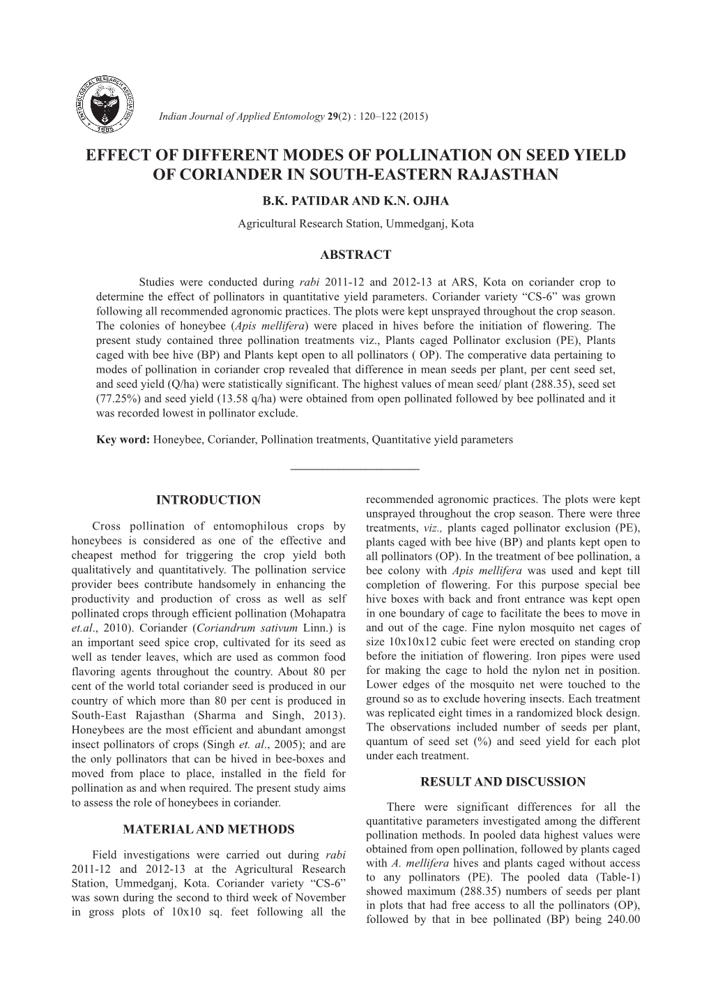 Effect of Different Modes of Pollination on Seed Yield of Coriander in South-Eastern Rajasthan B.K