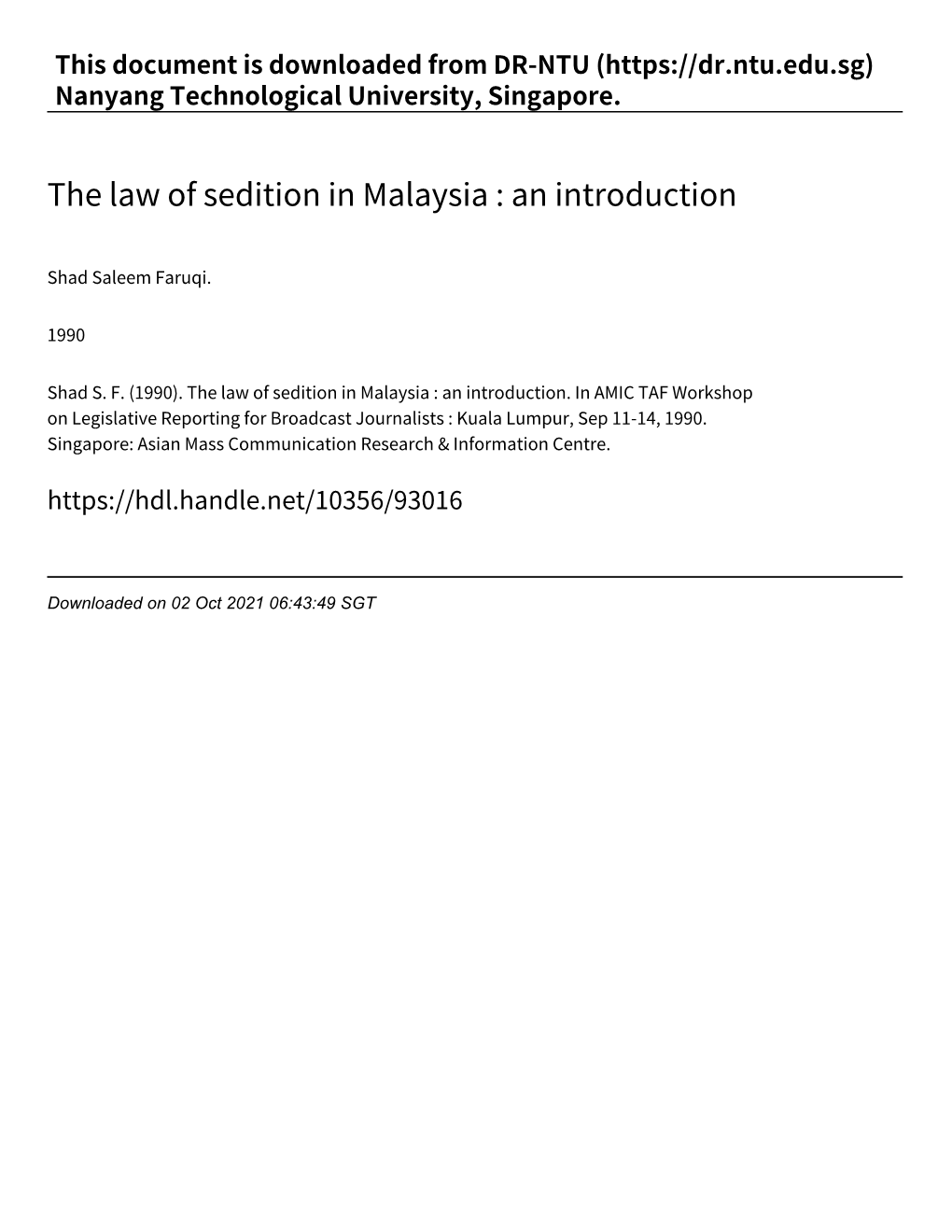 The Law of Sedition in Malaysia : an Introduction
