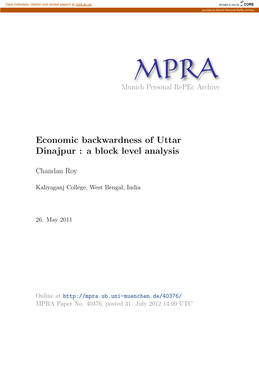 Economic Backwardness of Uttar Dinajpur : a Block Level Analysis