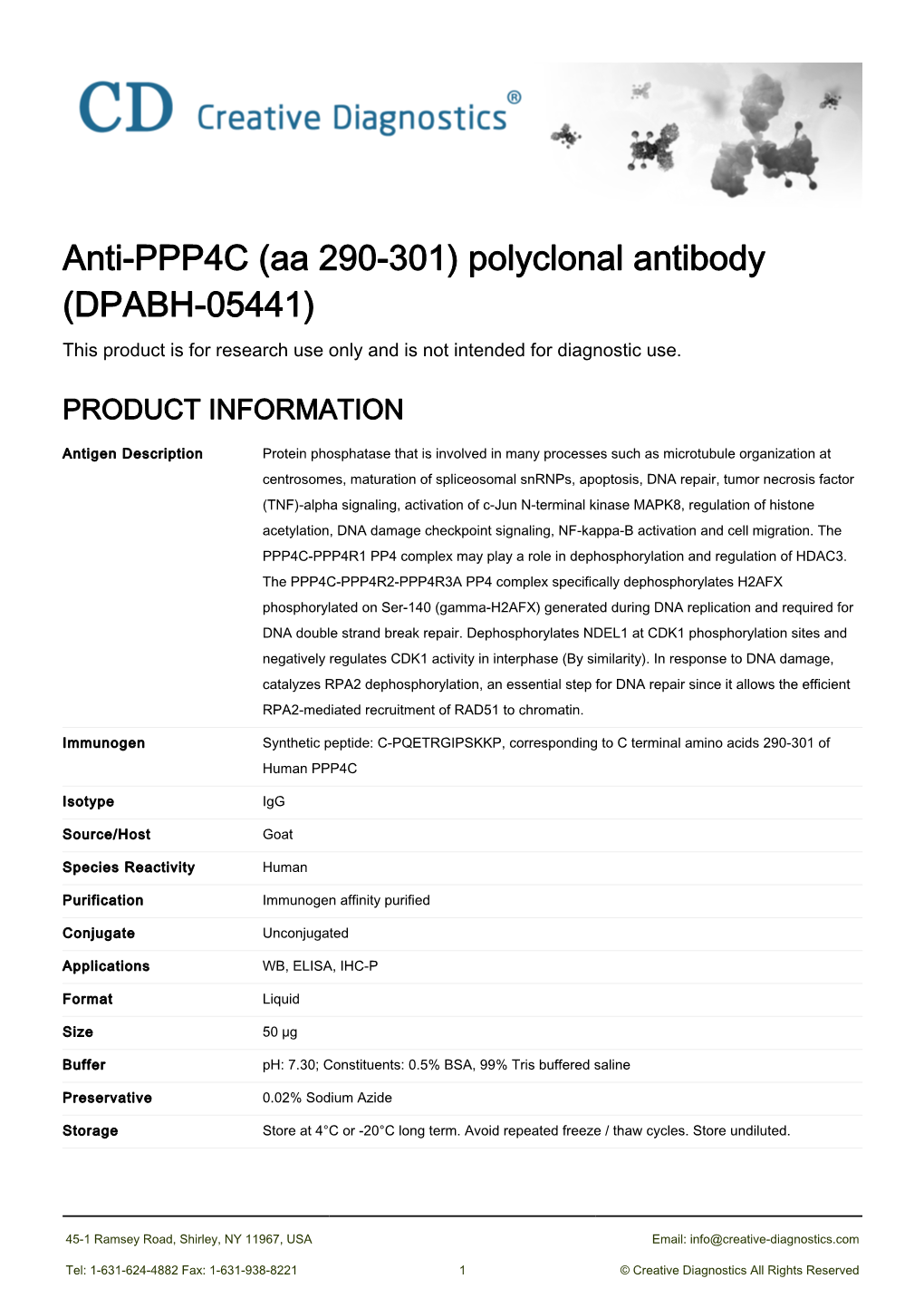 Anti-PPP4C (Aa 290-301) Polyclonal Antibody (DPABH-05441) This Product Is for Research Use Only and Is Not Intended for Diagnostic Use