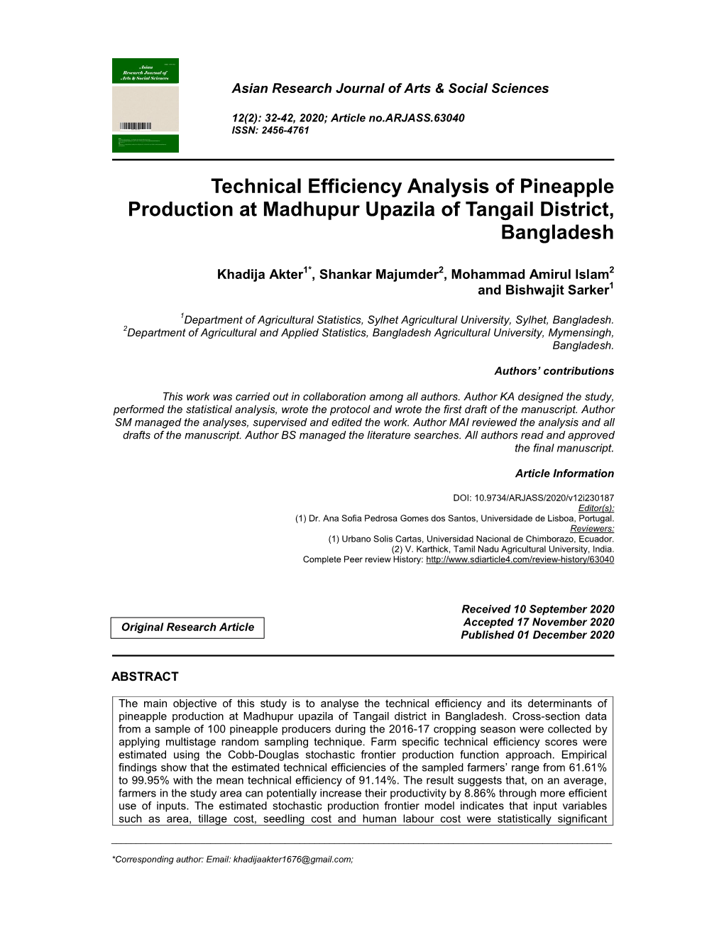 Technical Efficiency Analysis of Pineapple Production at Madhupur Upazila of Tangail District, Bangladesh