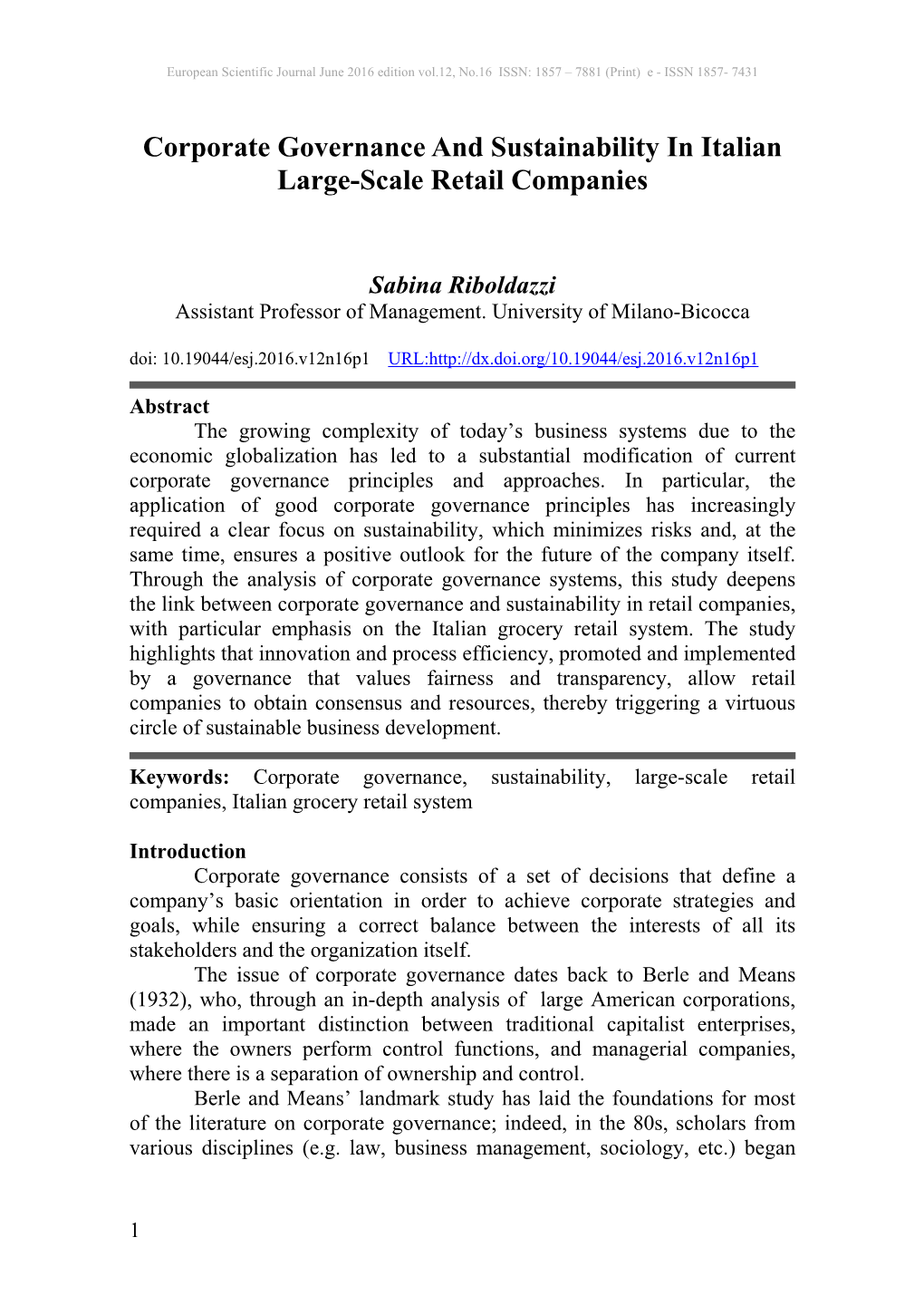 Corporate Governance and Sustainability in Italian Large-Scale Retail Companies
