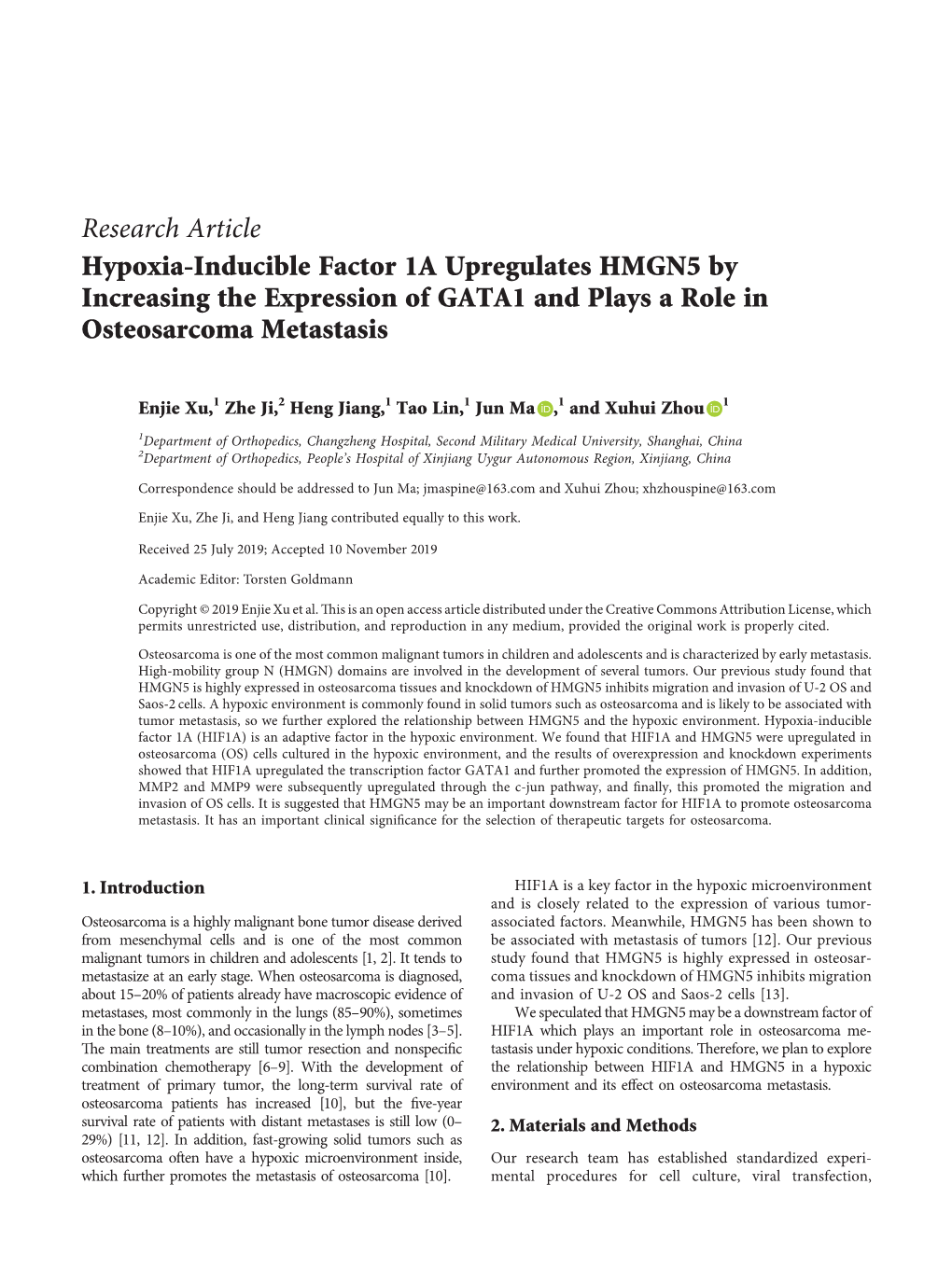 Research Article Hypoxia-Inducible Factor 1A Upregulates HMGN5 by Increasing the Expression of GATA1 and Plays a Role in Osteosarcoma Metastasis