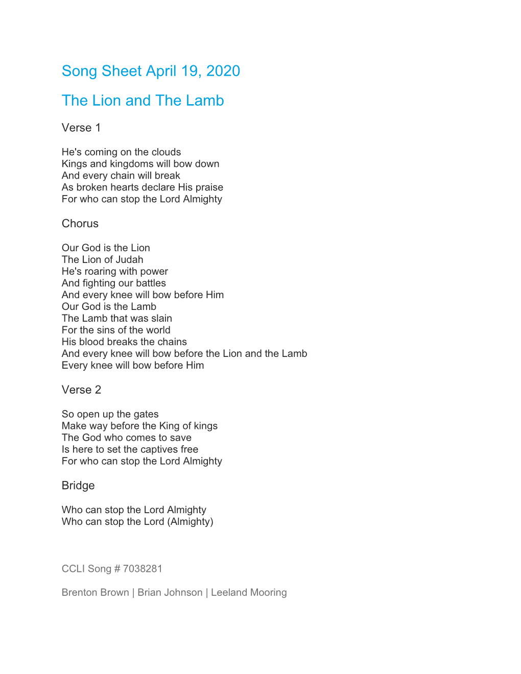 Song Sheet April 19, 2020 the Lion and the Lamb