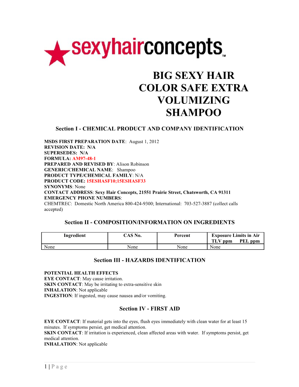 Section I - CHEMICAL PRODUCT and COMPANY IDENTIFICATION s1