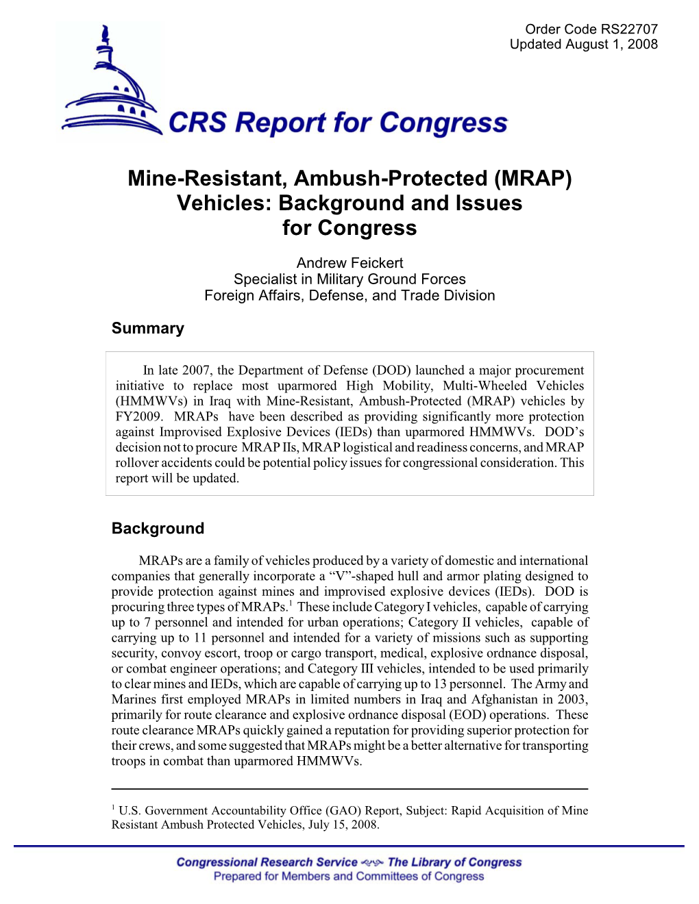 Mine-Resistant, Ambush-Protected (MRAP) Vehicles: Background and Issues for Congress