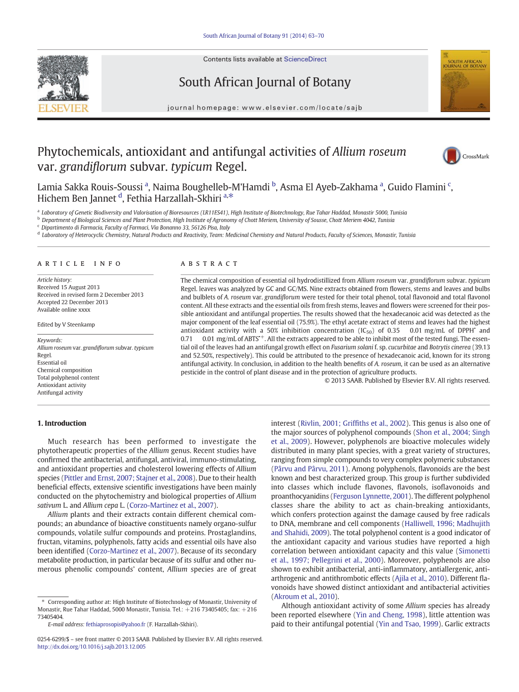 Phytochemicals, Antioxidant and Antifungal Activities of Allium Roseum Var