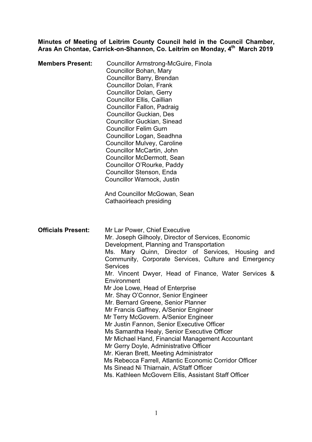 Minutes of Meeting of Leitrim County Council Held in the Council Chamber, Aras an Chontae, Carrick-On-Shannon, Co